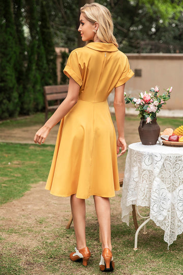 Elegante vestido vintage amarelo v pescoço